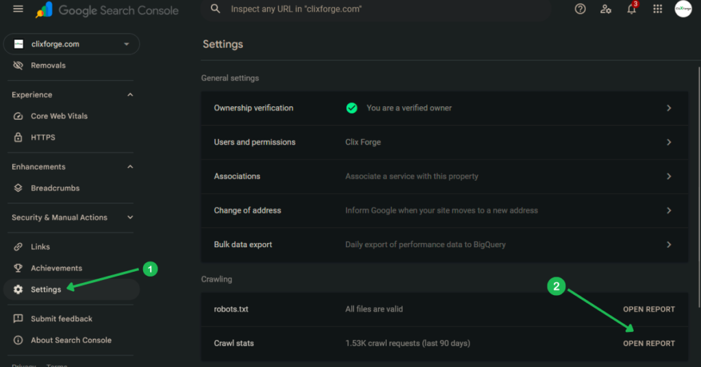 Google search console settings screenshot